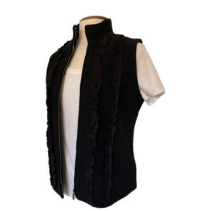 Coldwater Creek Women's M Whimsigoth Ruffle 100% Wool Black Zip Up Vest Fall